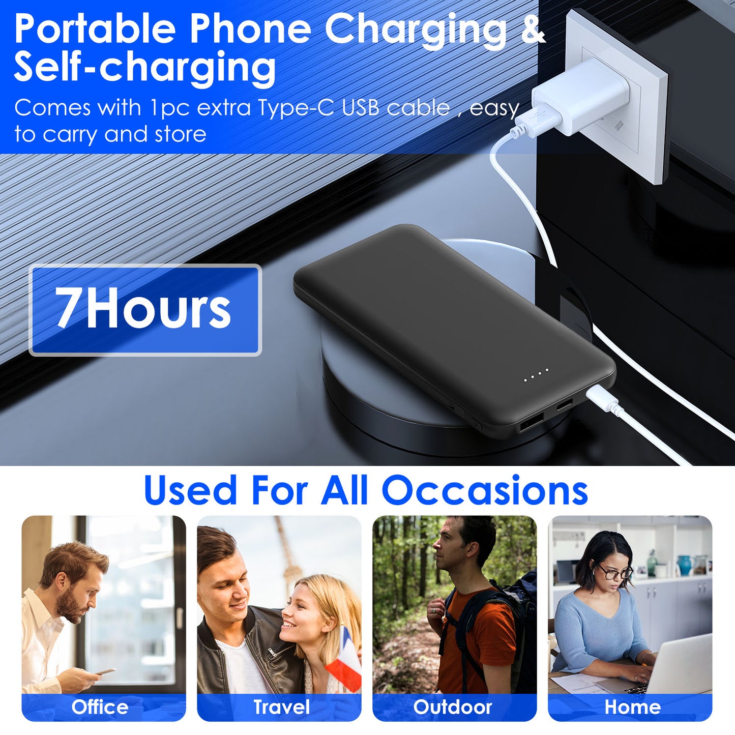 10000mAh Portable Power Bank with Built-in Type-c & Lightning Cables