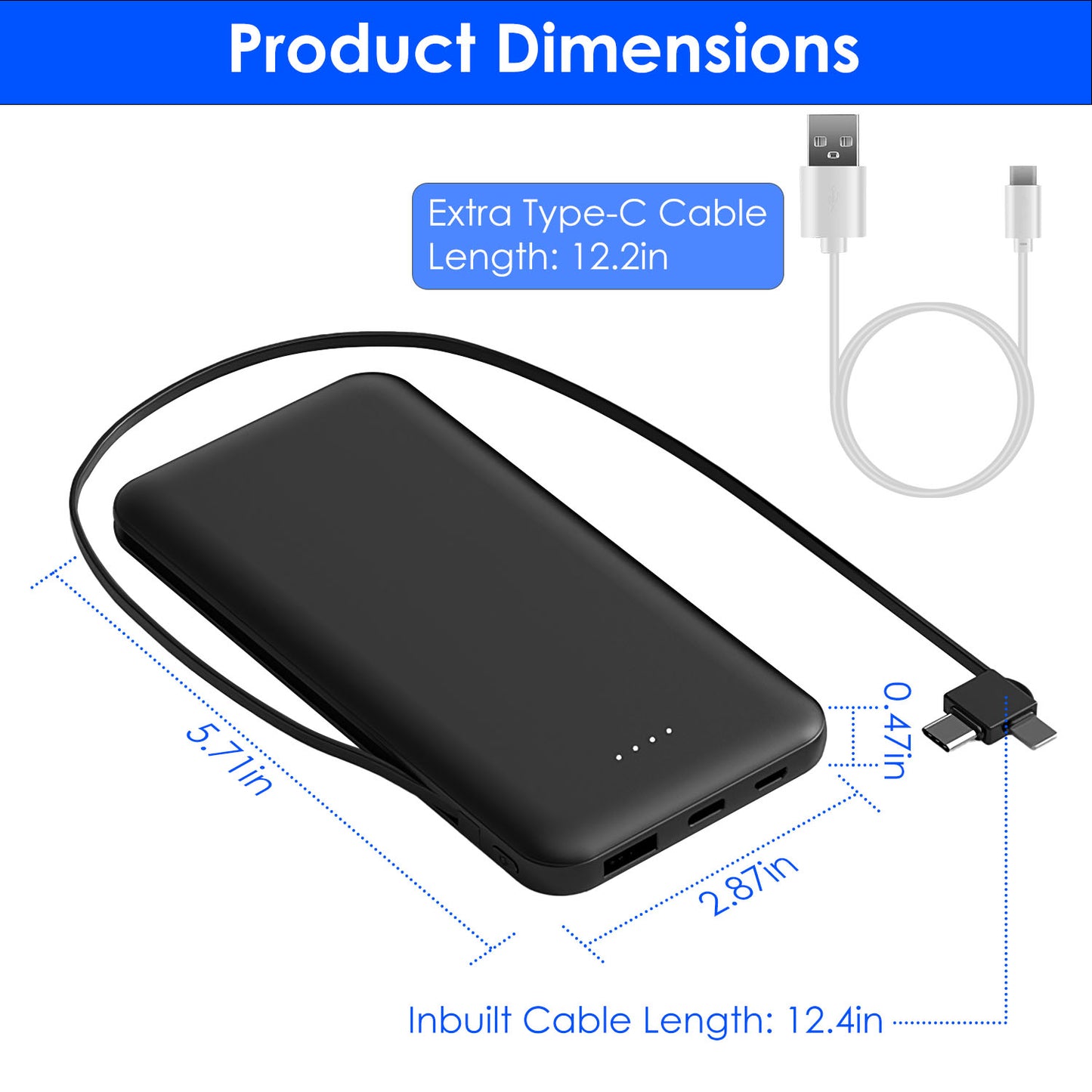 10000mAh Portable Power Bank with Built-in Type-c & Lightning Cables
