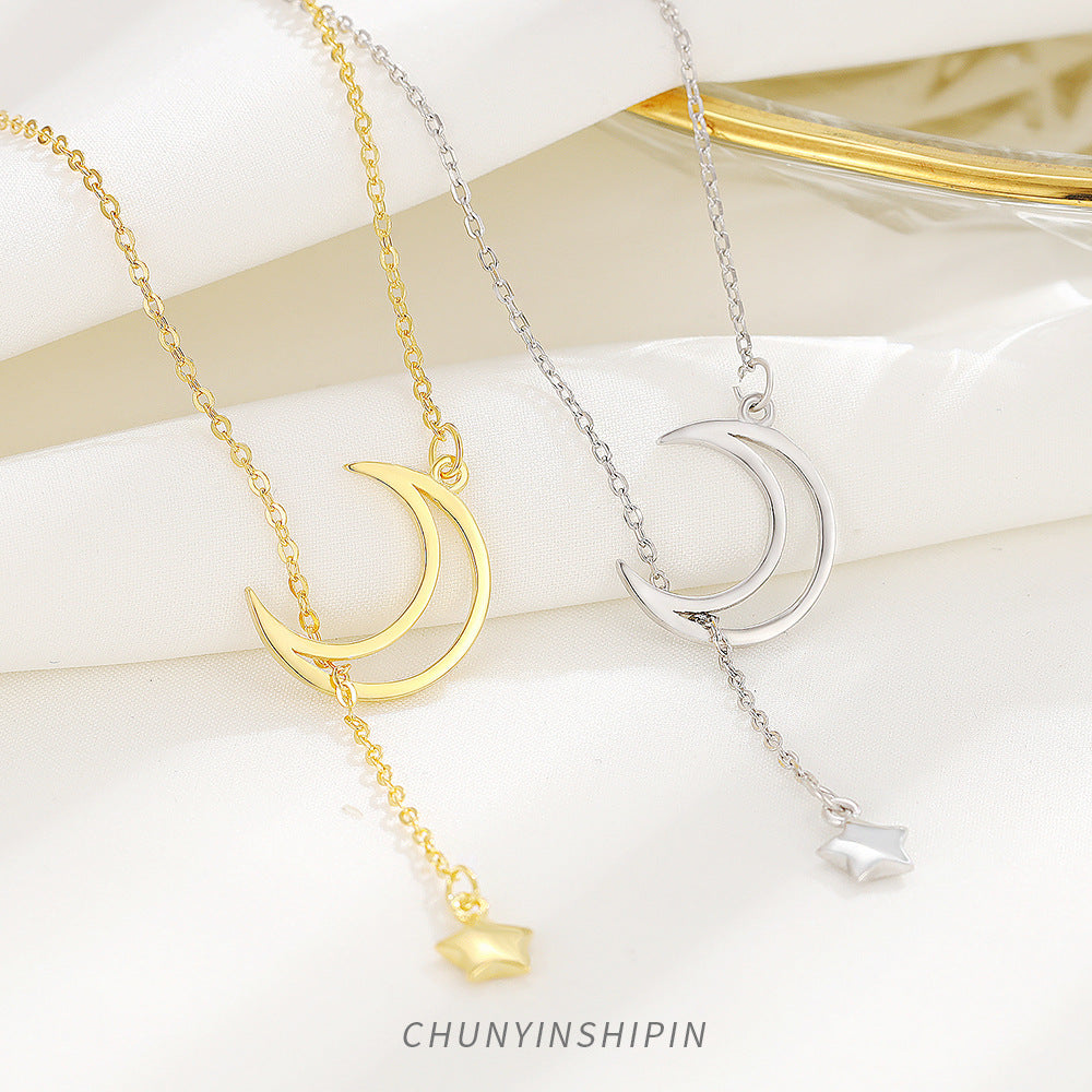 Niche Minimalist 925 Sterling Silver Moon And Star Tassel Necklace