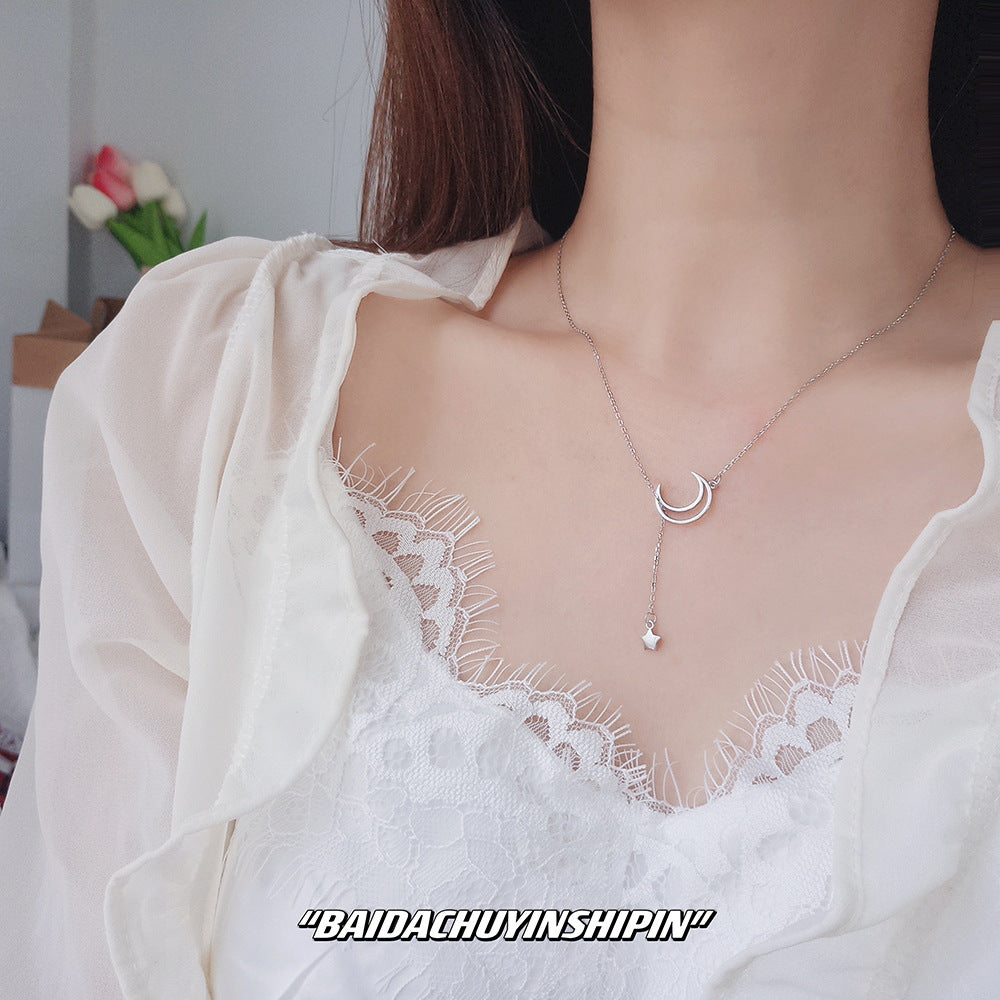 Niche Minimalist 925 Sterling Silver Moon And Star Tassel Necklace