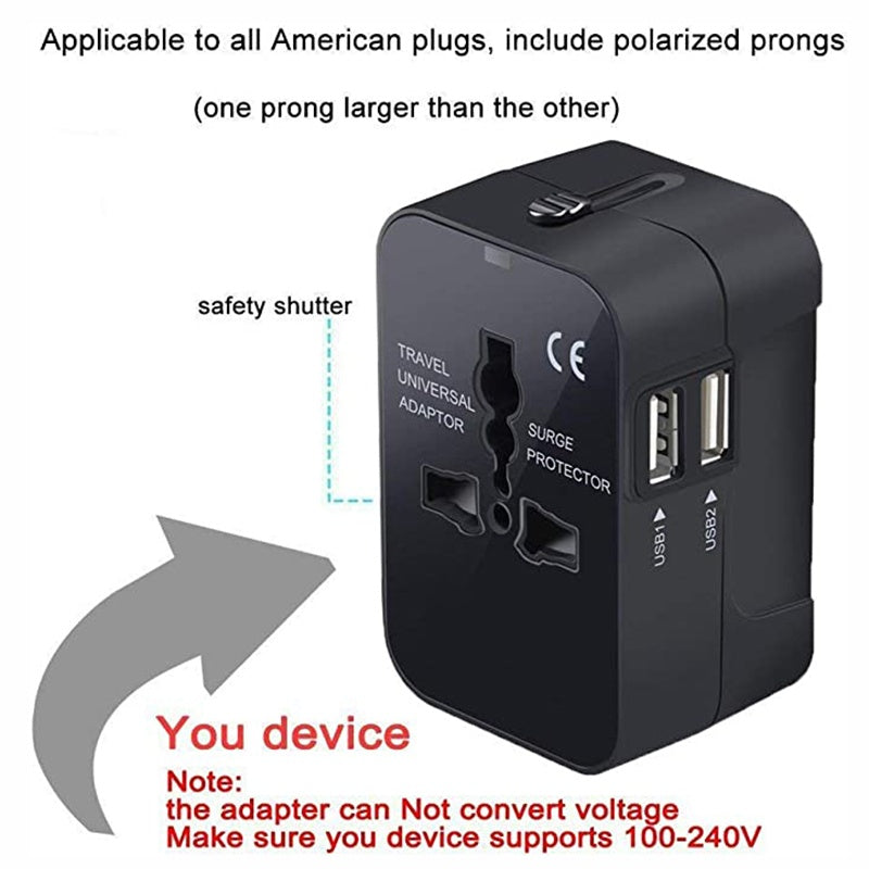 Universal Travel Adapter with USB-C-Worldwide Plug Charger (Black)