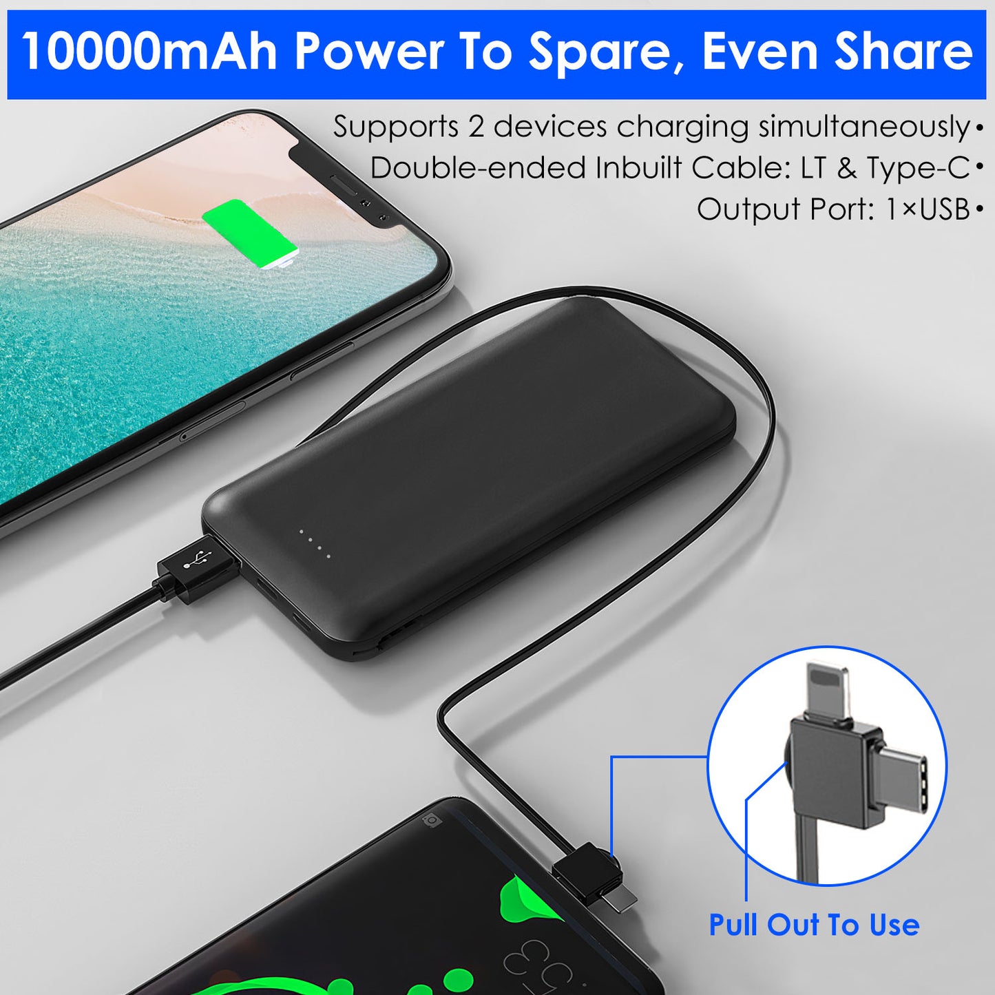 10000mAh Portable Power Bank with Built-in Type-c & Lightning Cables