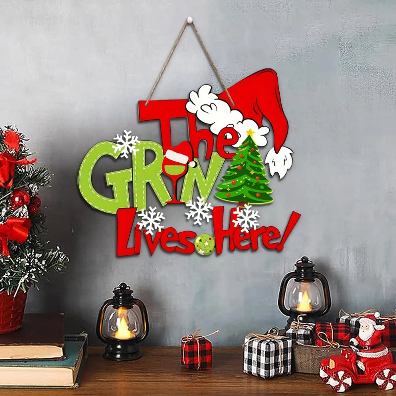 Christmas Wall Hanging Banner – Festive “Grinch Lives Here” Decoration