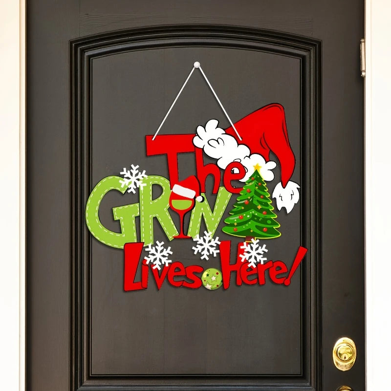 Christmas Wall Hanging Banner – Festive “Grinch Lives Here” Decoration