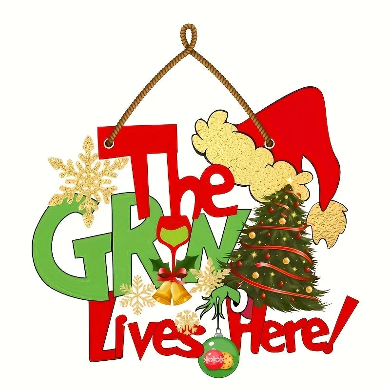 Christmas Wall Hanging Banner – Festive “Grinch Lives Here” Decoration