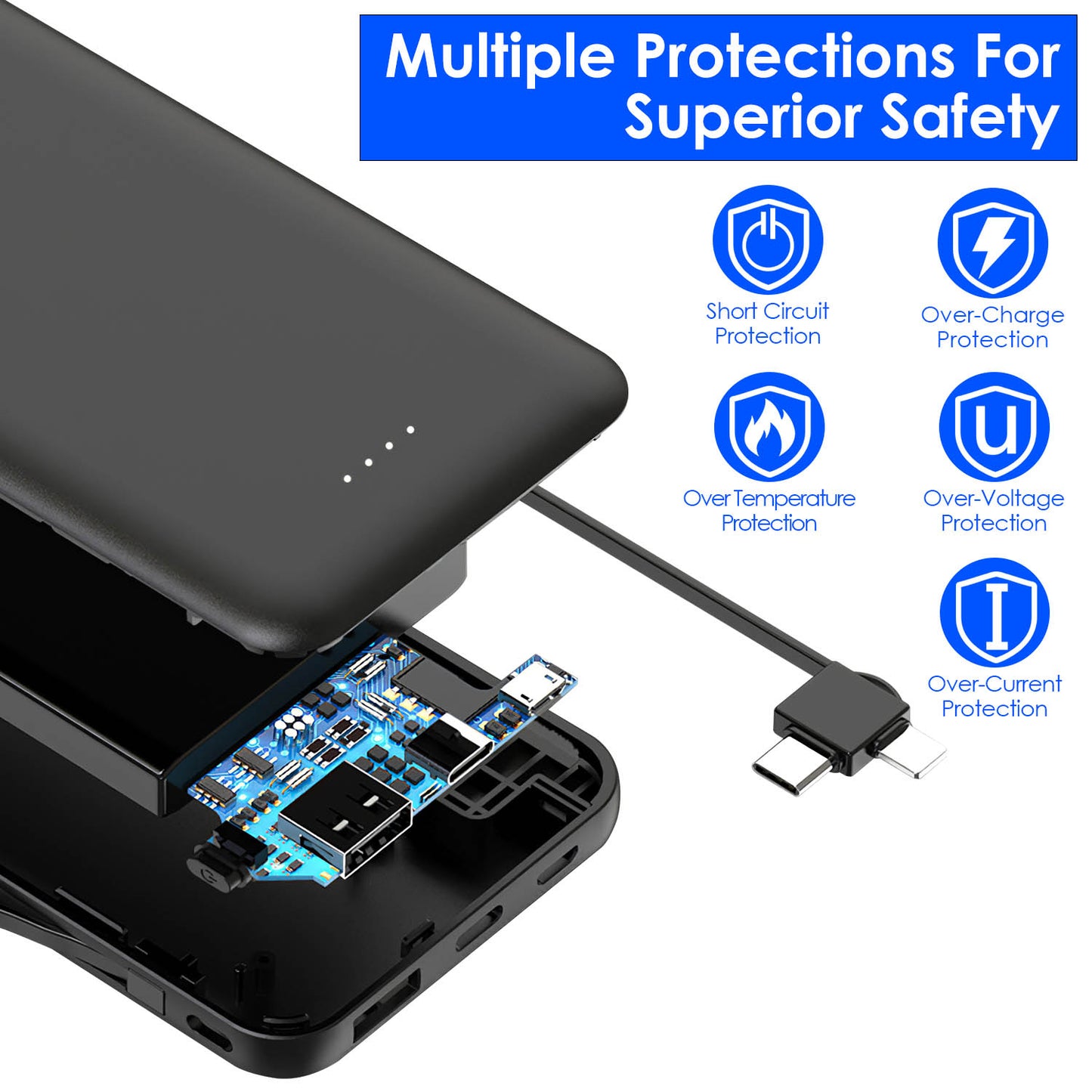 10000mAh Portable Power Bank with Built-in Type-c & Lightning Cables