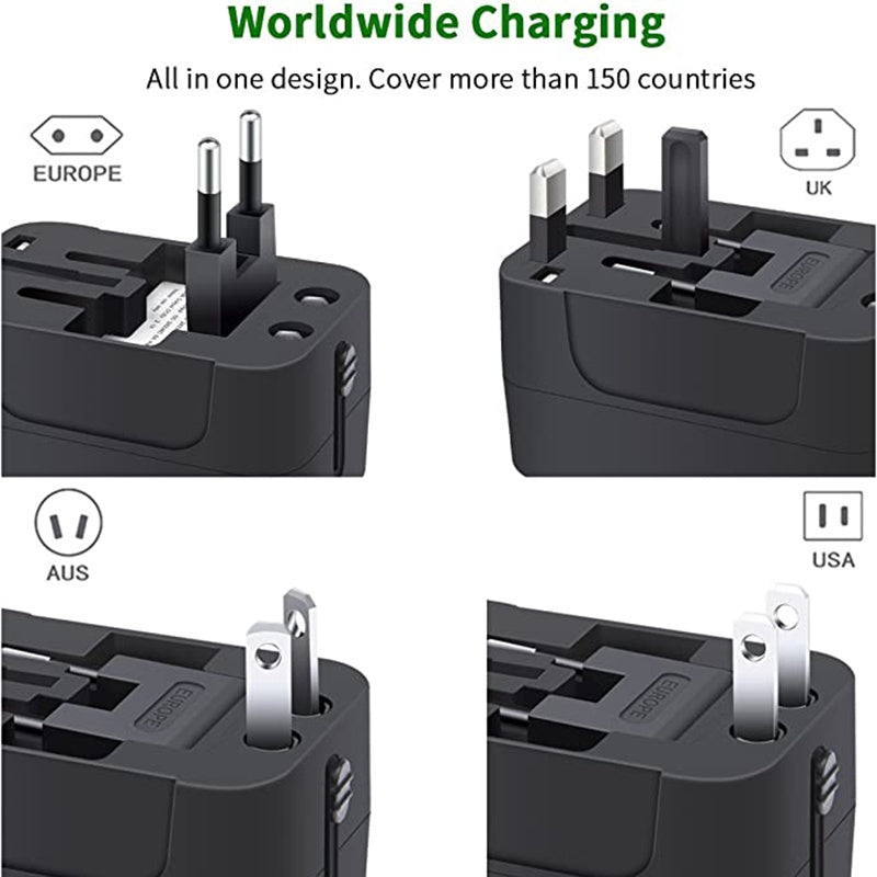 Universal Travel Adapter with USB-C-Worldwide Plug Charger (Black)