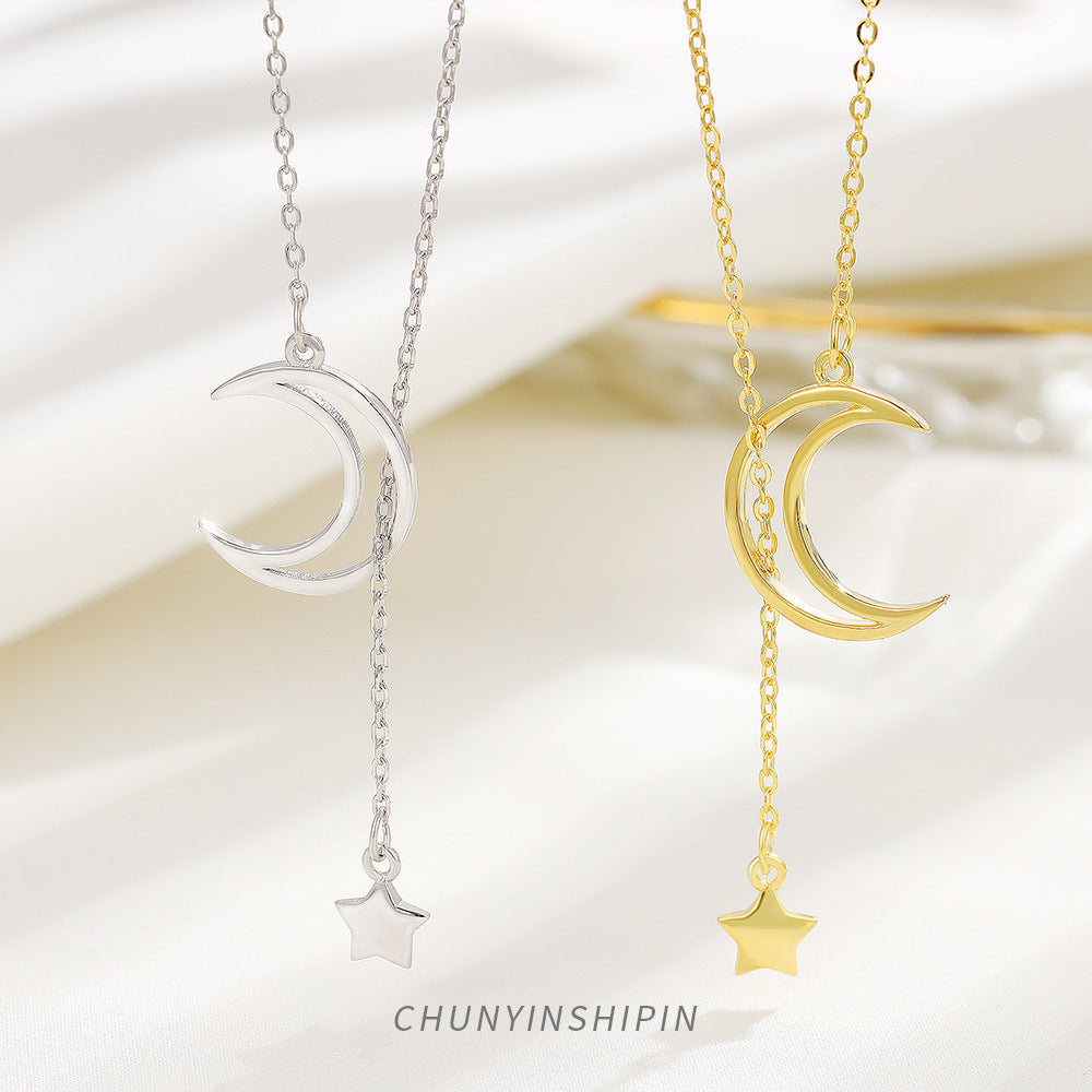 Niche Minimalist 925 Sterling Silver Moon And Star Tassel Necklace